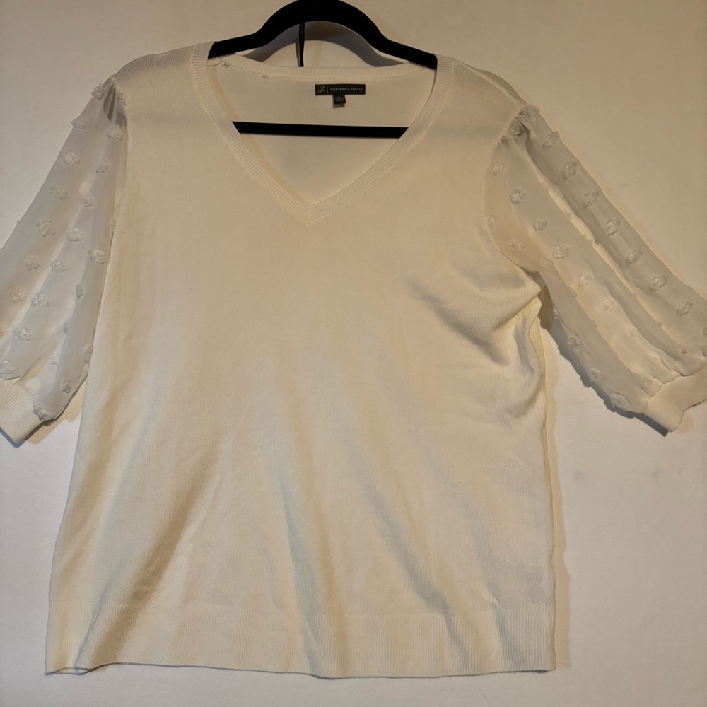 Adrianna Papell Ivory Knit Top With Swiss Dot Sleeve Medium